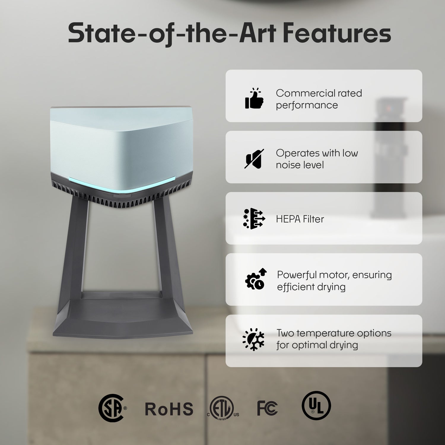 Hand Dryer with Accessory Stand & HEPA Filter for Commercial/Residential (Home) Use - Compact, Portable, UL/ETL Listed